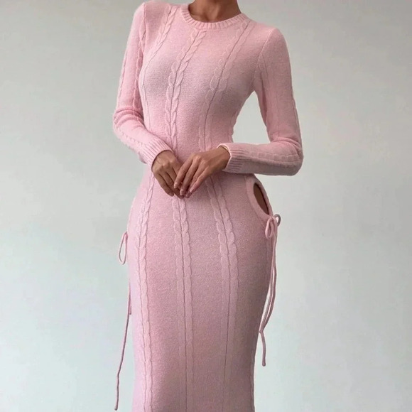 Pink Elegant Women's Warm Cinched Waist Knitted Dress - Picture 4 of 8